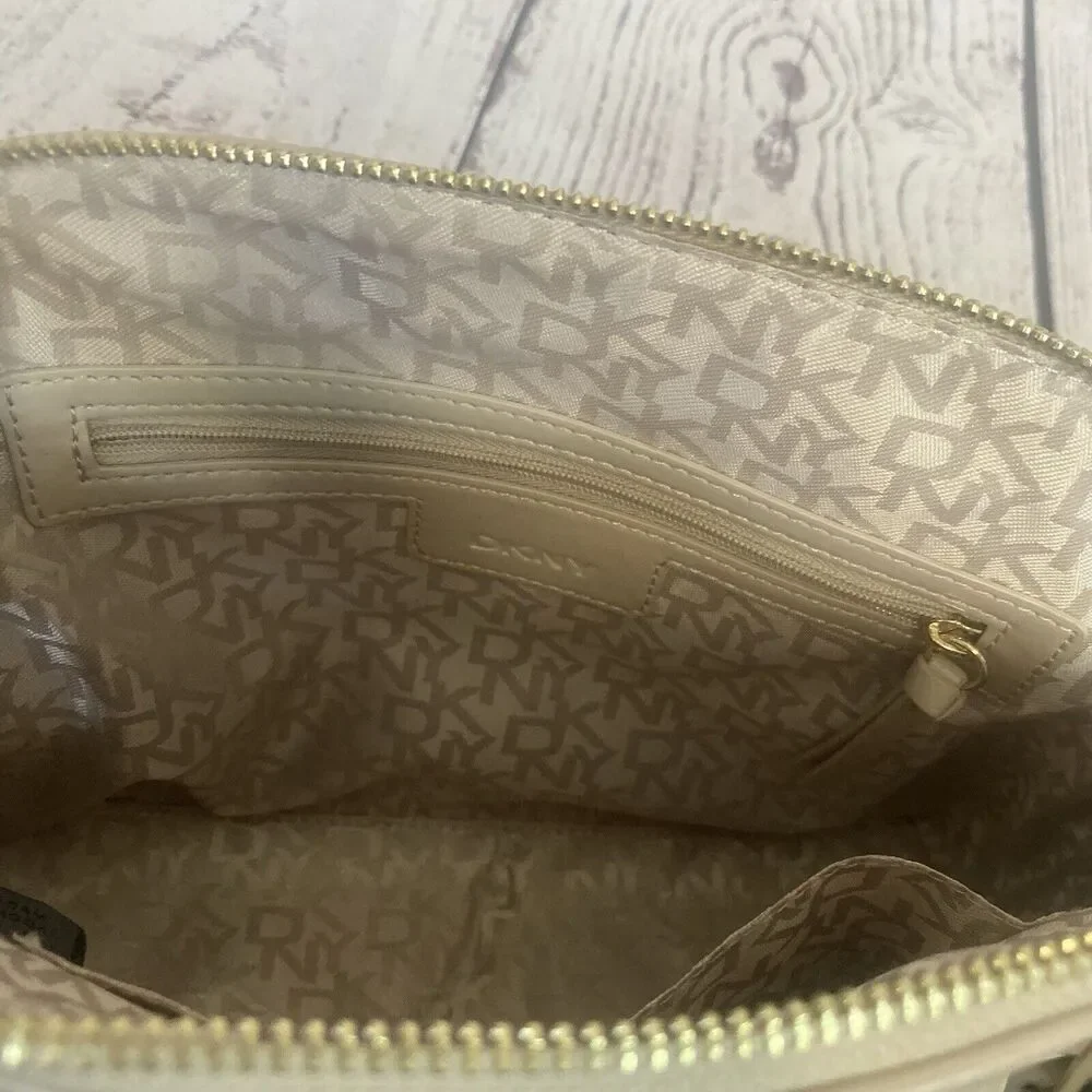 Dkny PVC‎ Monogram Embossed Satchel Beige Small Chic Everyday Adjustable Stap